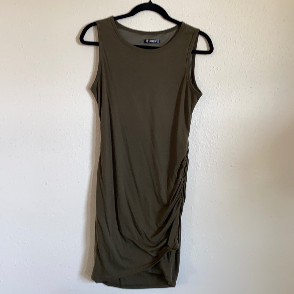 BTFBM olive body con dress. Rouched and stretchy.